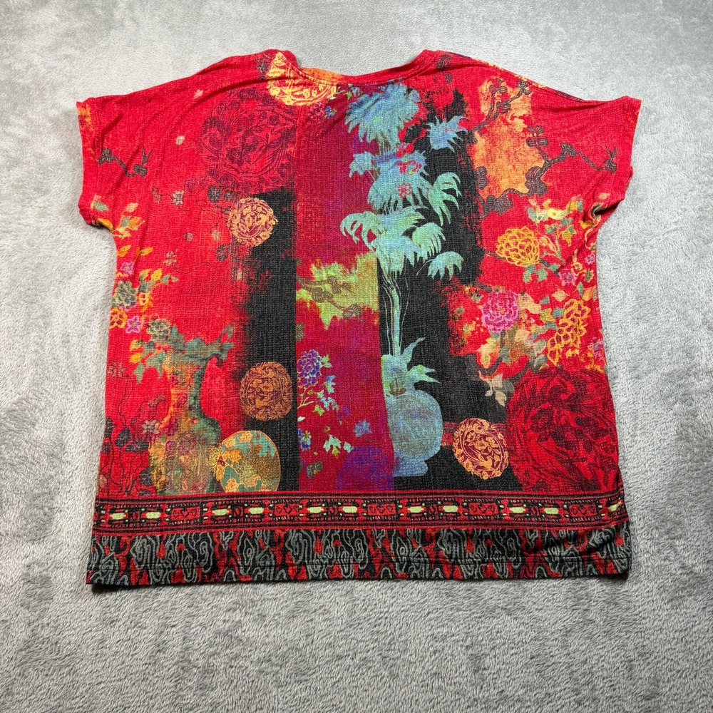 Citron Santa Monica Top Womens 0X Red Floral Asian Art Print Short Sleeve - Picture 4 of 9